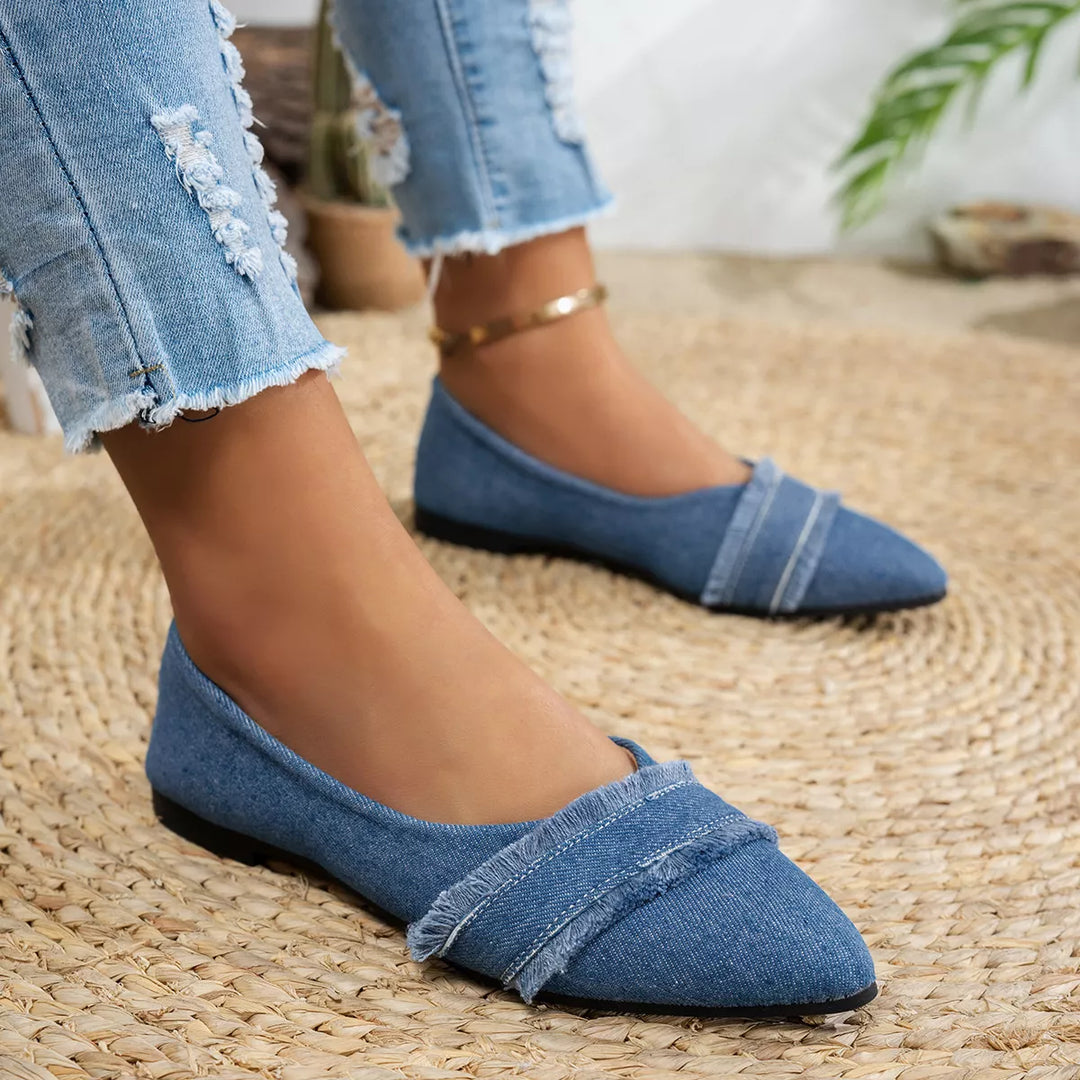 Harper Frayed Denim Pointed Flats Shoes Trendsi