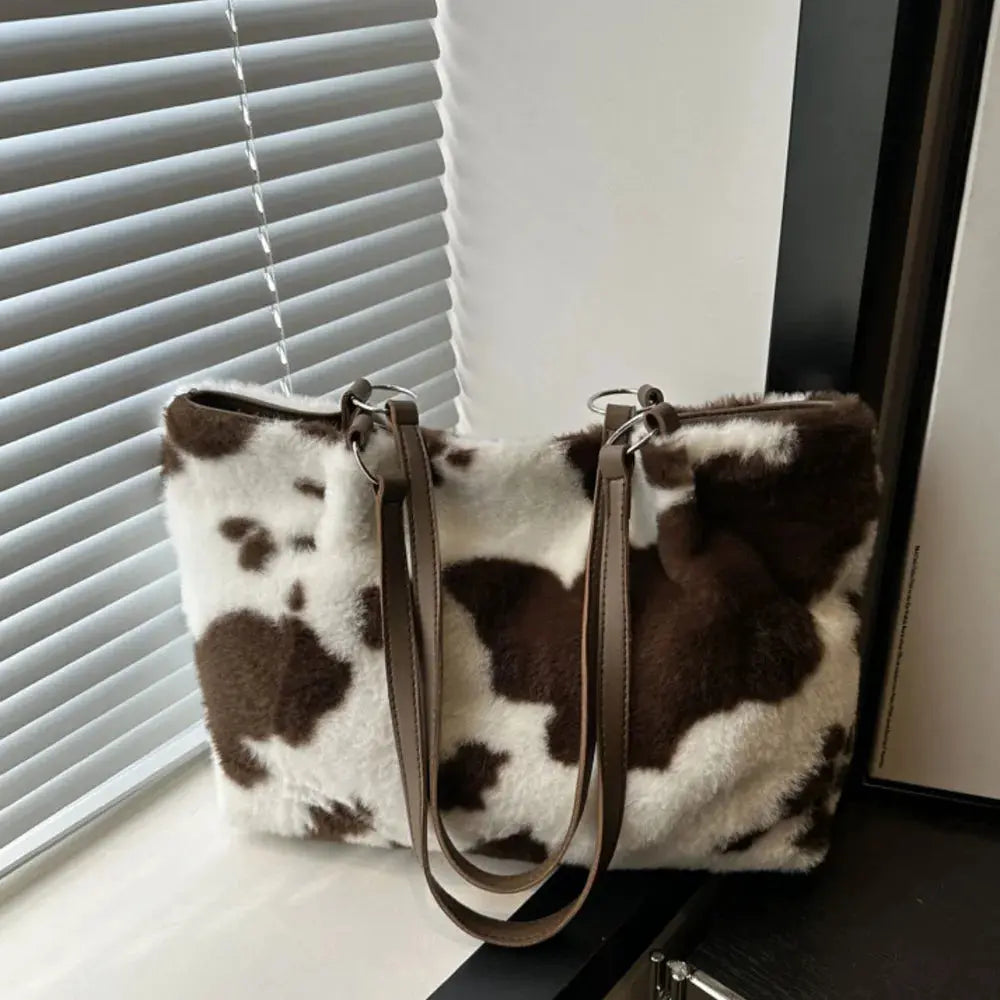 Cow Print Furry Tote Bag Accessories Trendsi One Size Chocolate