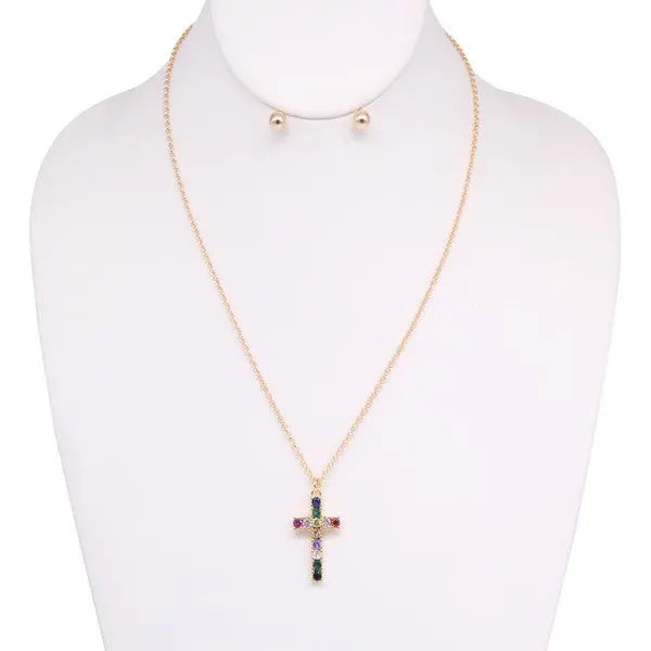 CROSS RHINESTONE NECKLACE EARRING SET Bella Chic GDMT/MULTI Os