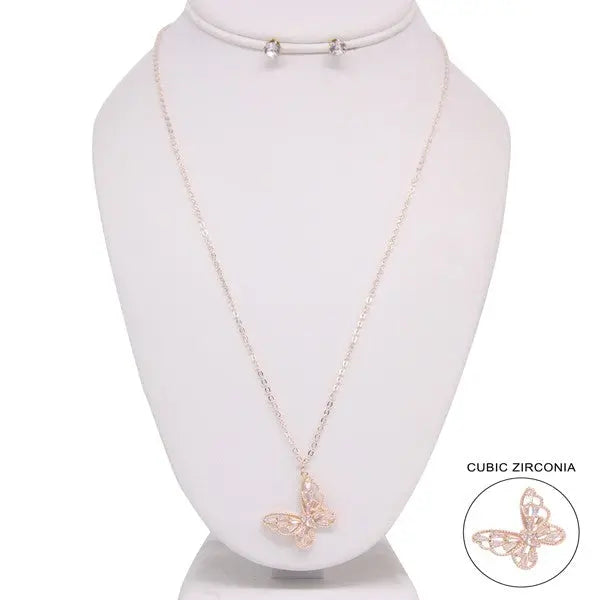 RHINESTONE BUTTERFLY PENDANT NECKLACE EARRING SET Bella Chic GDCL Os