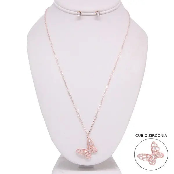 RHINESTONE BUTTERFLY PENDANT NECKLACE EARRING SET Bella Chic RGCL/CLEAR Os