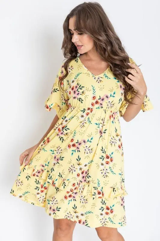 Floral V-Neck Ruffle Dress Dresses EG fashion SM Yellow 