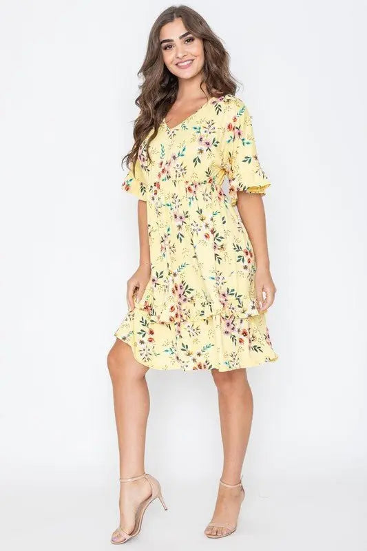 Floral V-Neck Ruffle Dress Dresses EG fashion   