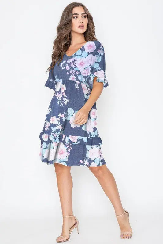 Floral V-Neck Ruffle Dress Dresses EG fashion SM Navy 