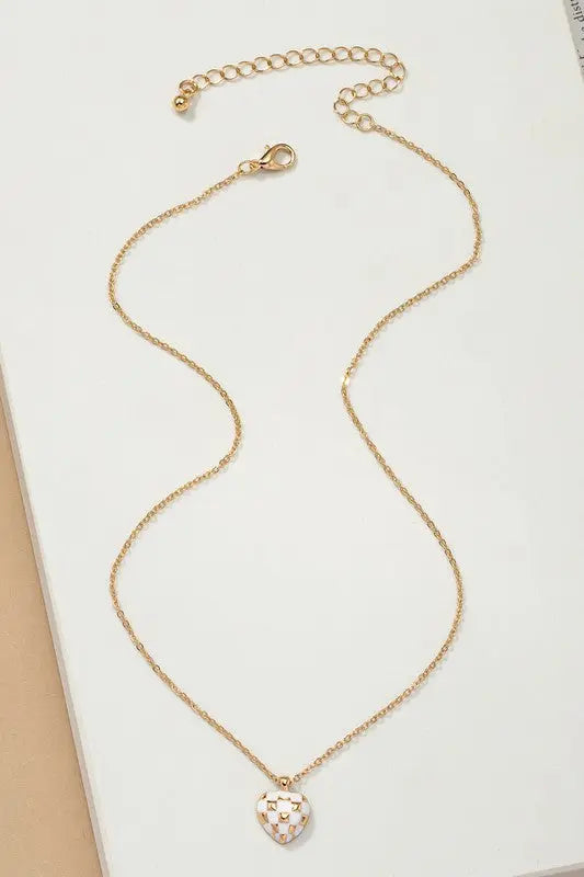 Checker Heart Pendant Necklace LA3accessories Cream one size