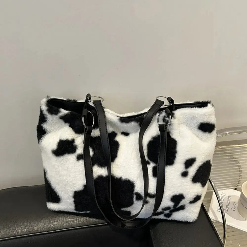 Cow Print Furry Tote Bag Accessories Trendsi