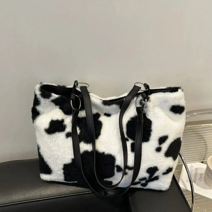 Cow Print Furry Tote Bag Accessories Trendsi