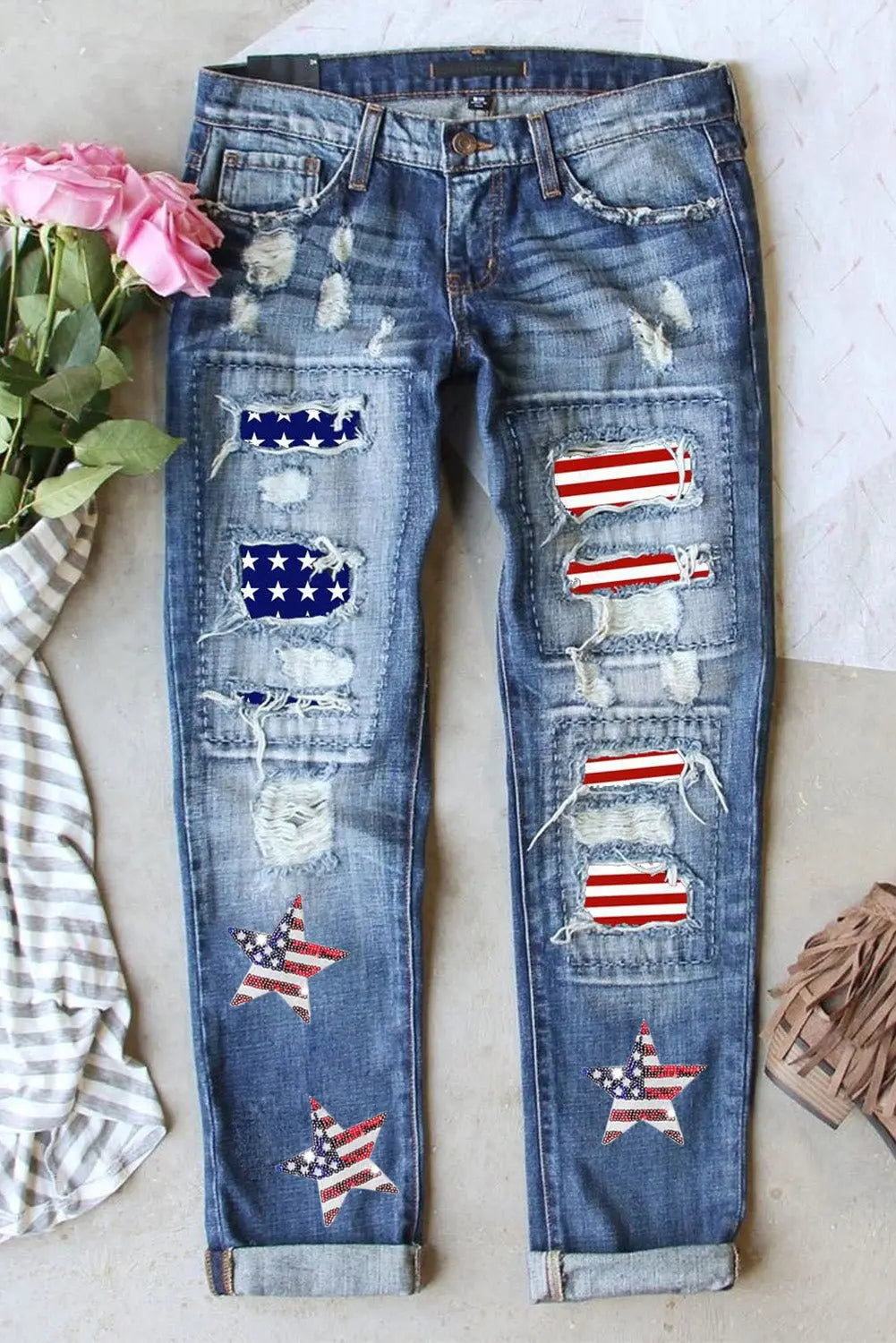 Patriotic Mid-Rise Straight Jeans Jeans Trendsi 4 Medium 