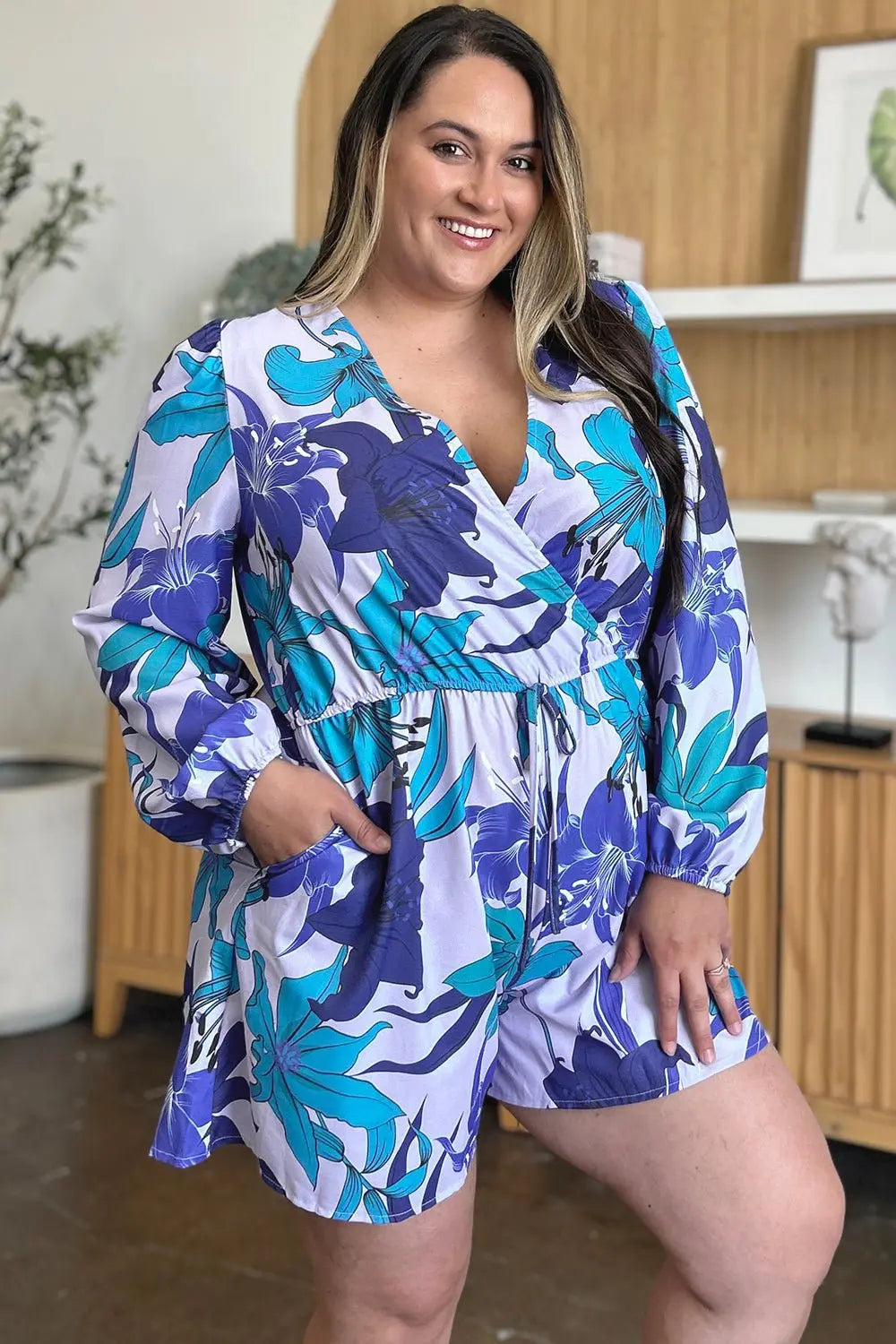 Double Take Floral Long Sleeve Romper with Pockets Rompers Trendsi SM Blue 