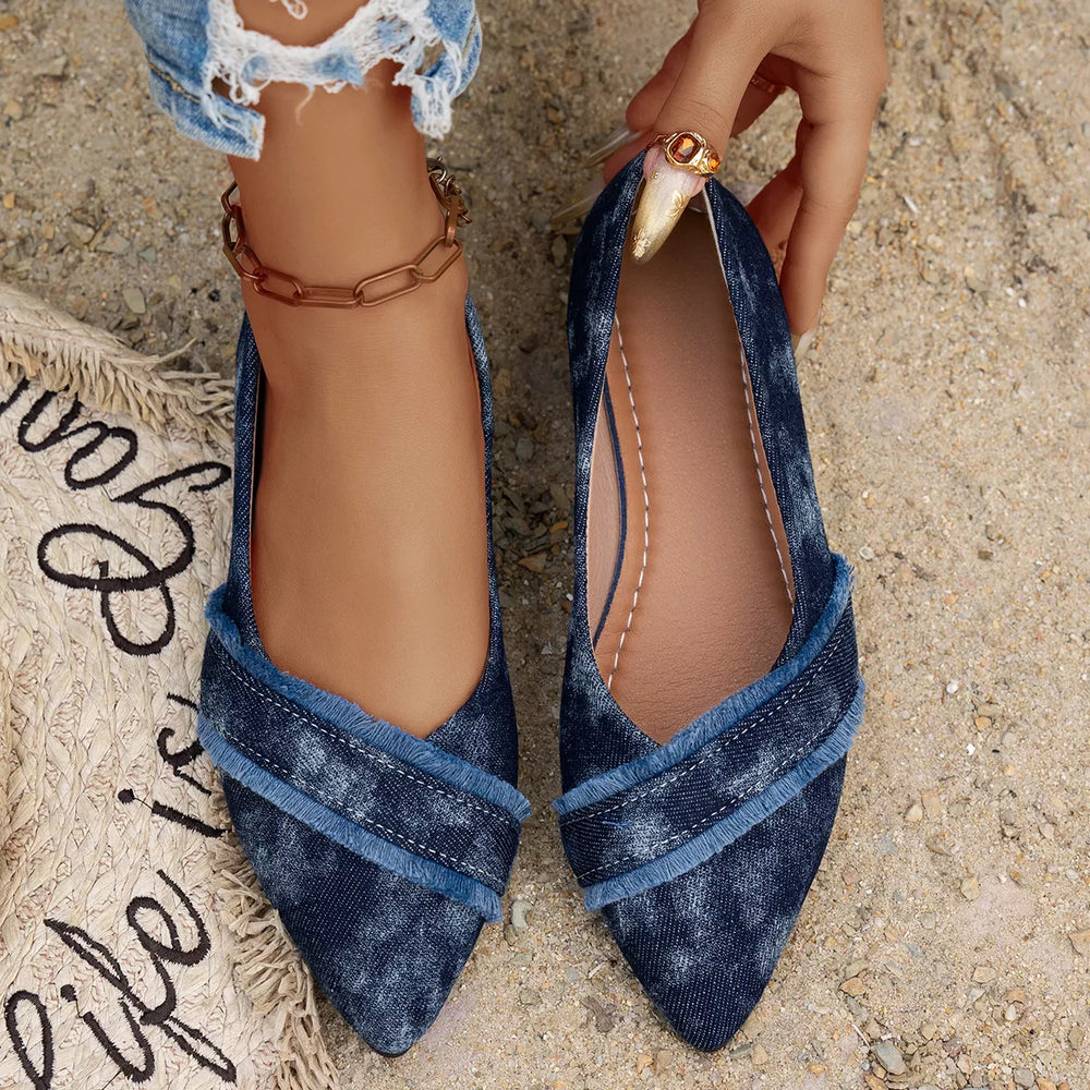 Harper Frayed Denim Pointed Flats Shoes Trendsi