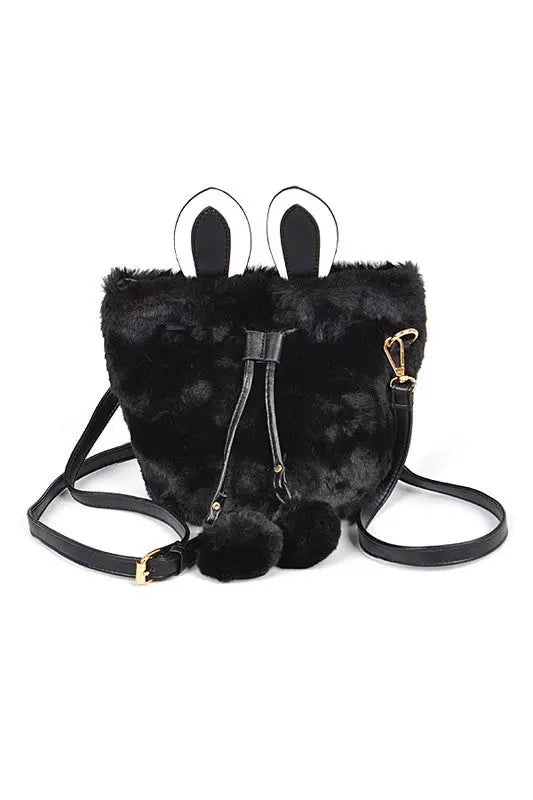 Faux Fur Plush Bunny Ear Crossbody Swing Bag LA Jewelry Plaza Black O/S