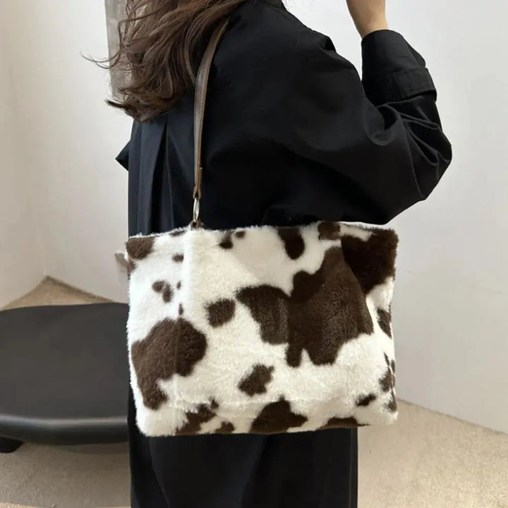 Cow Print Furry Tote Bag Accessories Trendsi