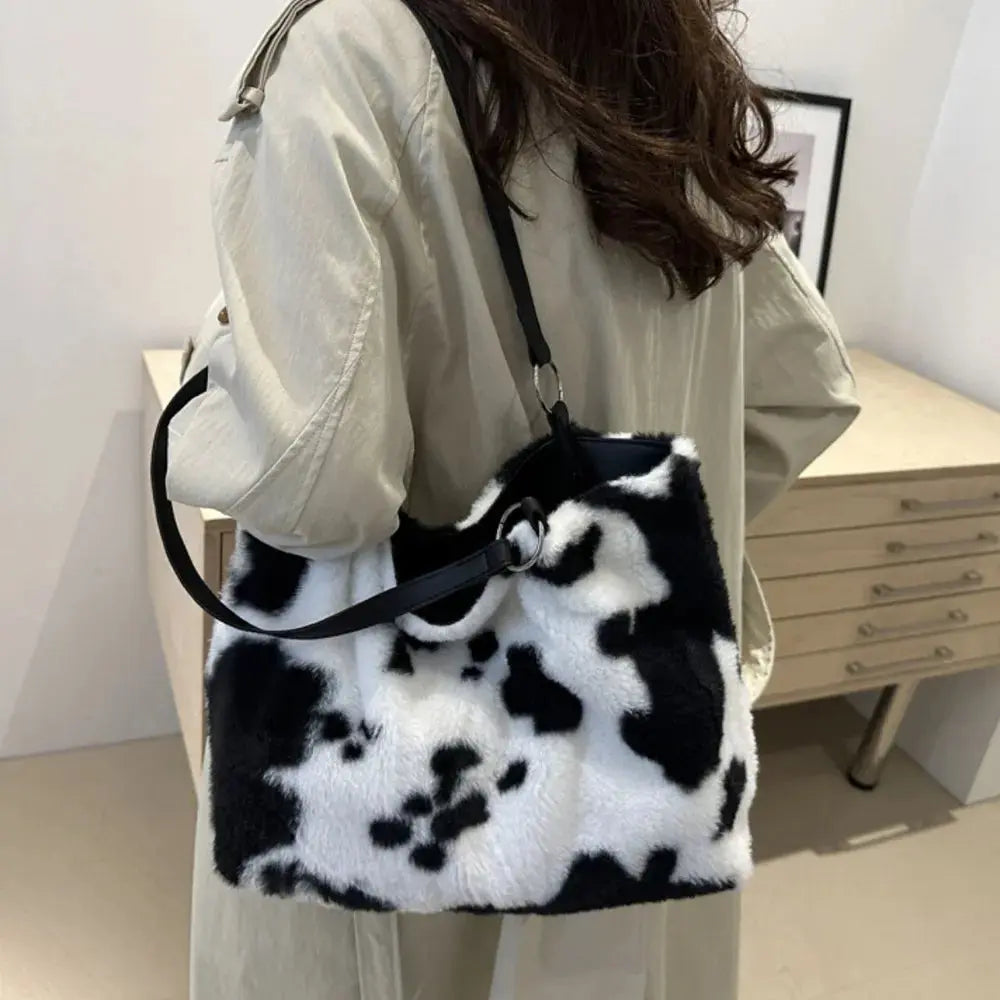Cow Print Furry Tote Bag Accessories Trendsi