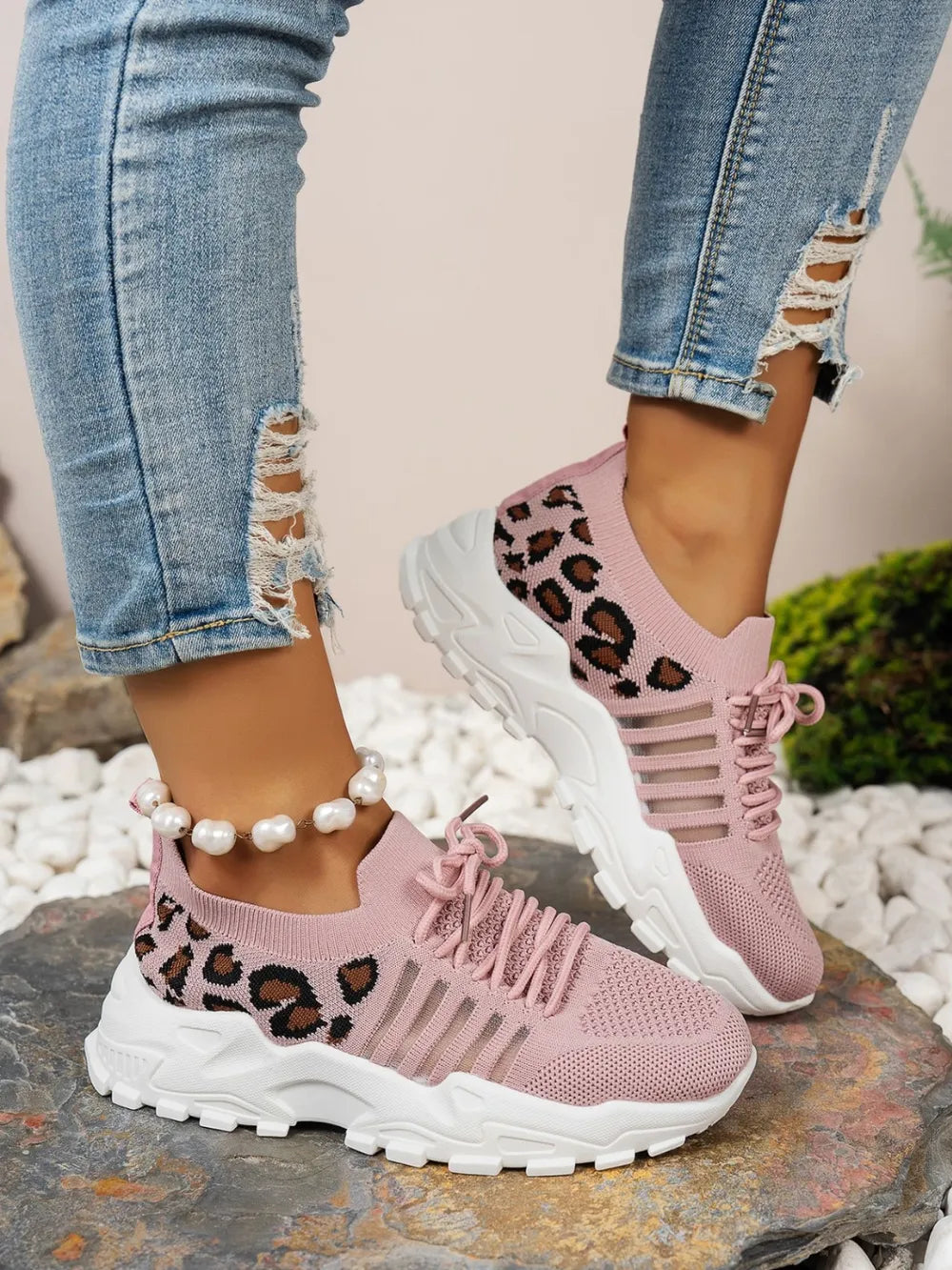Cutout Leopard Lace Up Mesh Athletic Women's Shoes Trendsi