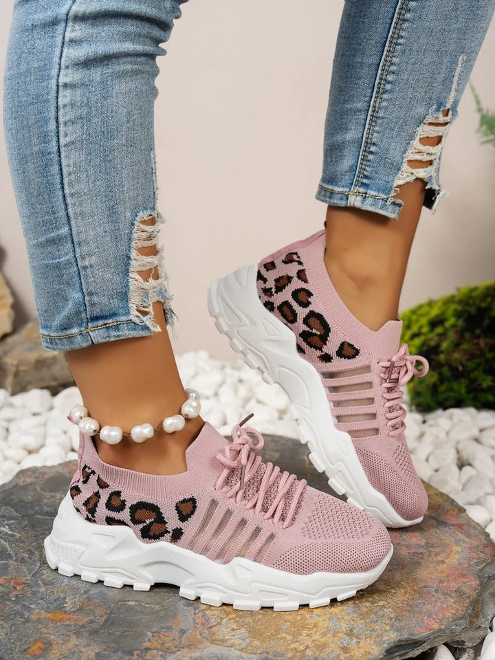 Cutout Leopard Lace Up Mesh Athletic Women's Shoes Trendsi