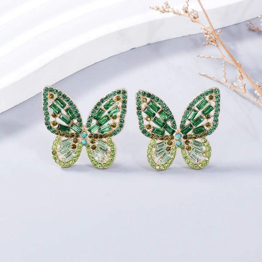 Alloy Inlaid Rhinestone Butterfly Earrings Earrings Trendsi Green  