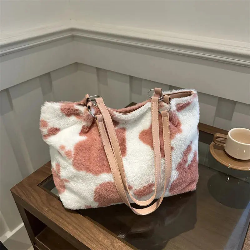 Cow Print Furry Tote Bag Accessories Trendsi
