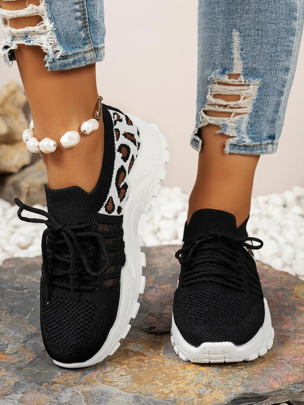 Cutout Leopard Lace Up Mesh Athletic Women's Shoes Trendsi
