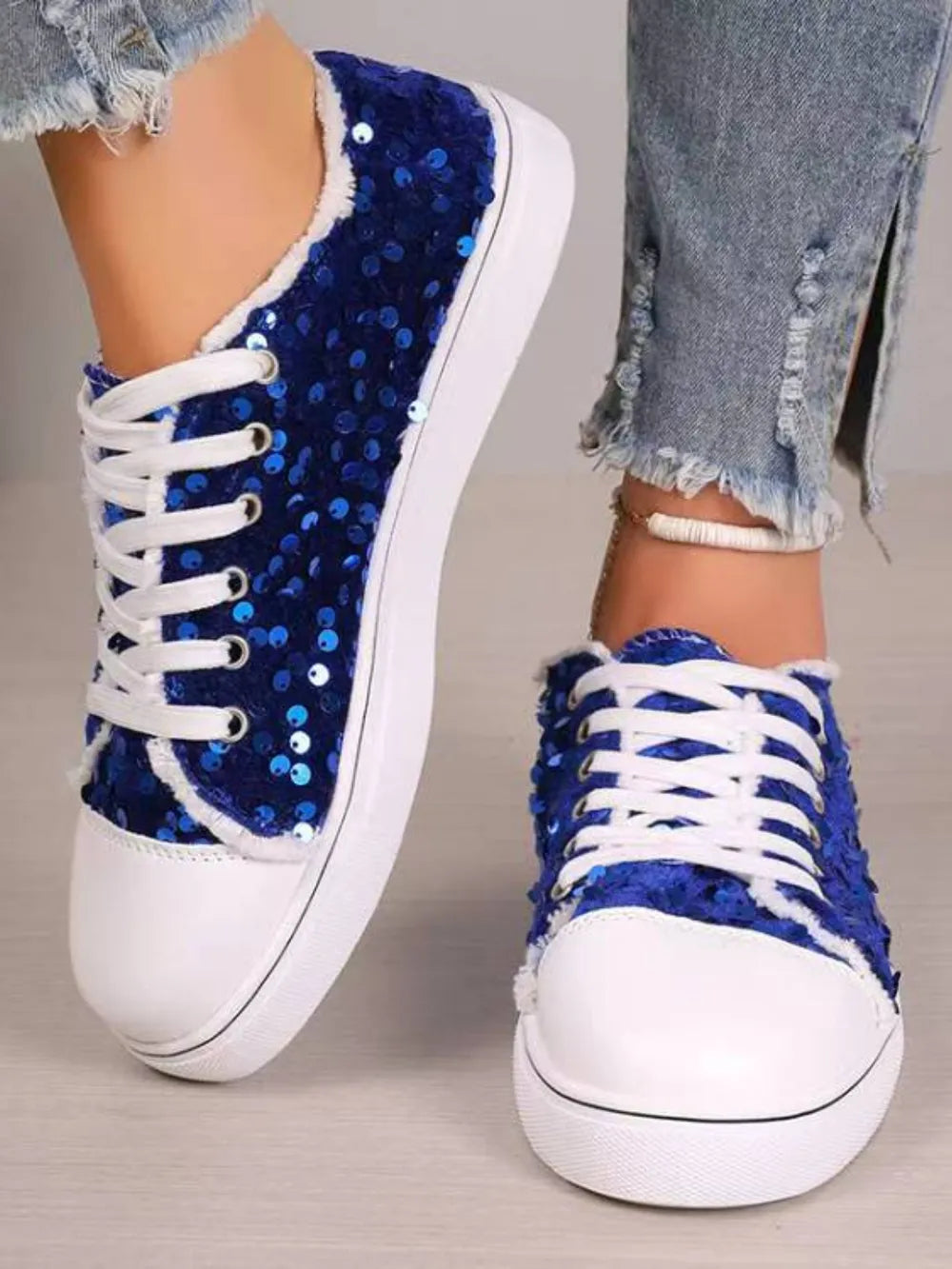 Sequin Lace-Up Sneakers Women's Shoes Trendsi