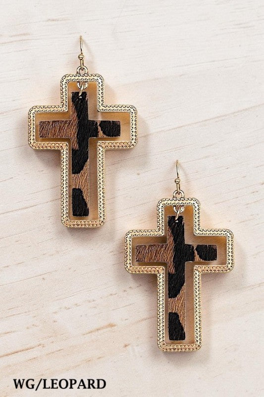 Animal Print Cross Framed Dangle Earrings Earrings Andrea Bijoux