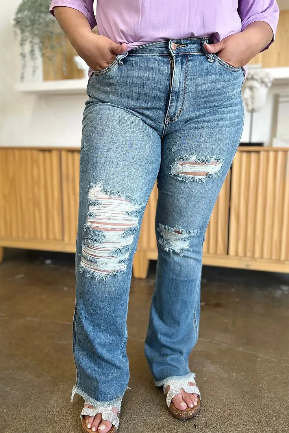 Judy Blue Distressed Bootcut Jeans Jeans Trendsi   