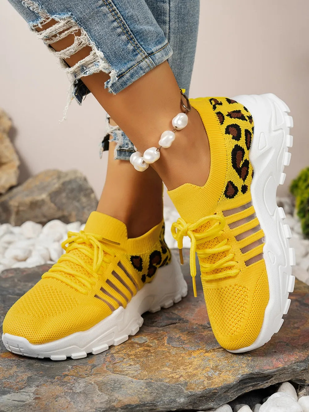 Cutout Leopard Lace Up Mesh Athletic Women's Shoes Trendsi