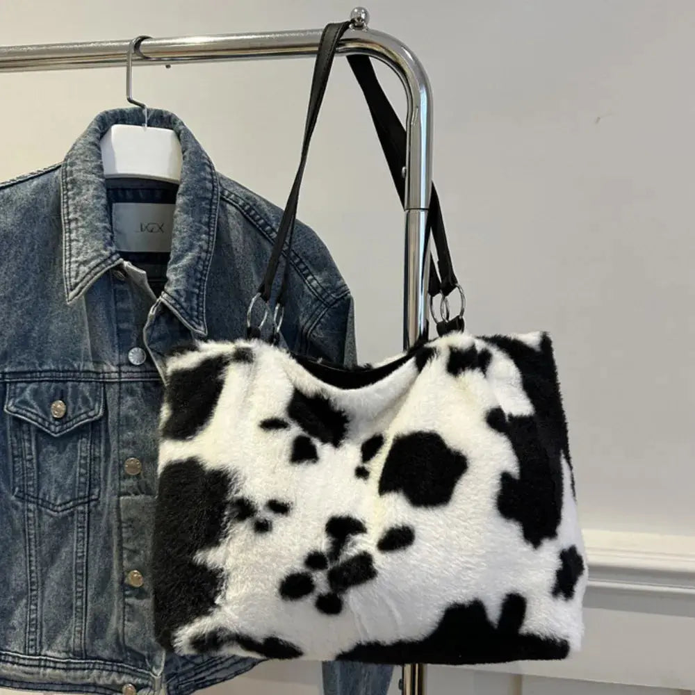 Cow Print Furry Tote Bag Accessories Trendsi