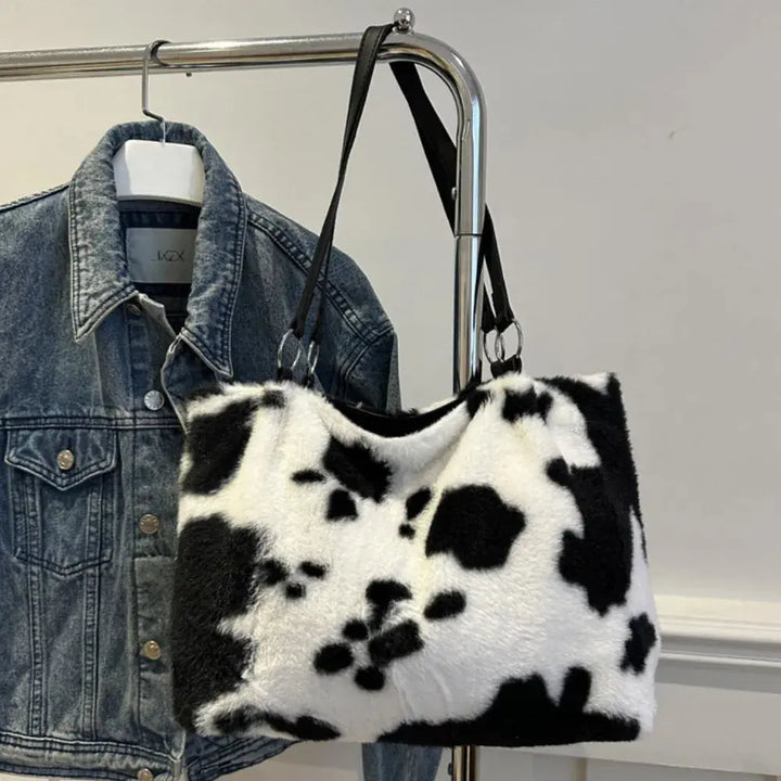 Cow Print Furry Tote Bag Accessories Trendsi