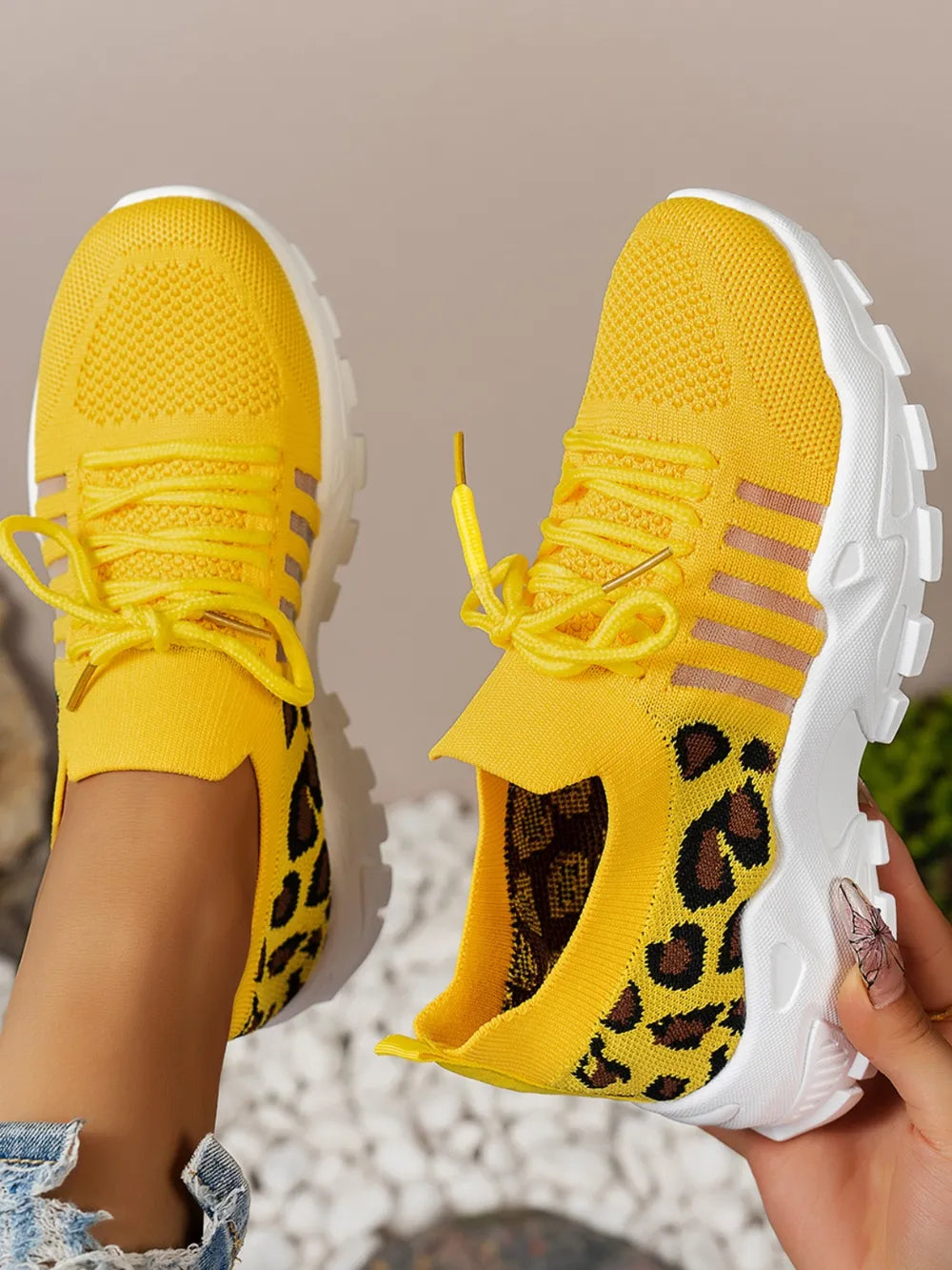 Cutout Leopard Lace Up Mesh Athletic Women's Shoes Trendsi