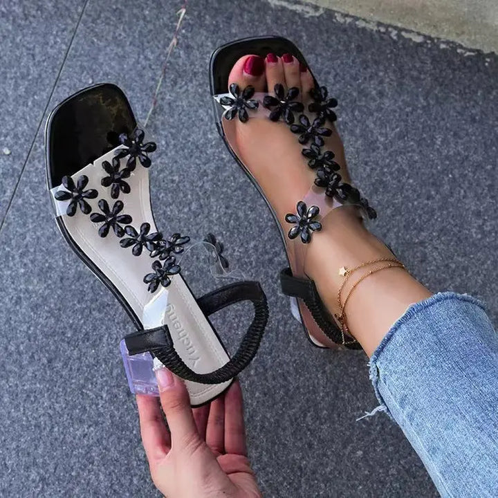 Flower Open Toe Block Heel Sandals Shoes Trendsi 5 Black 