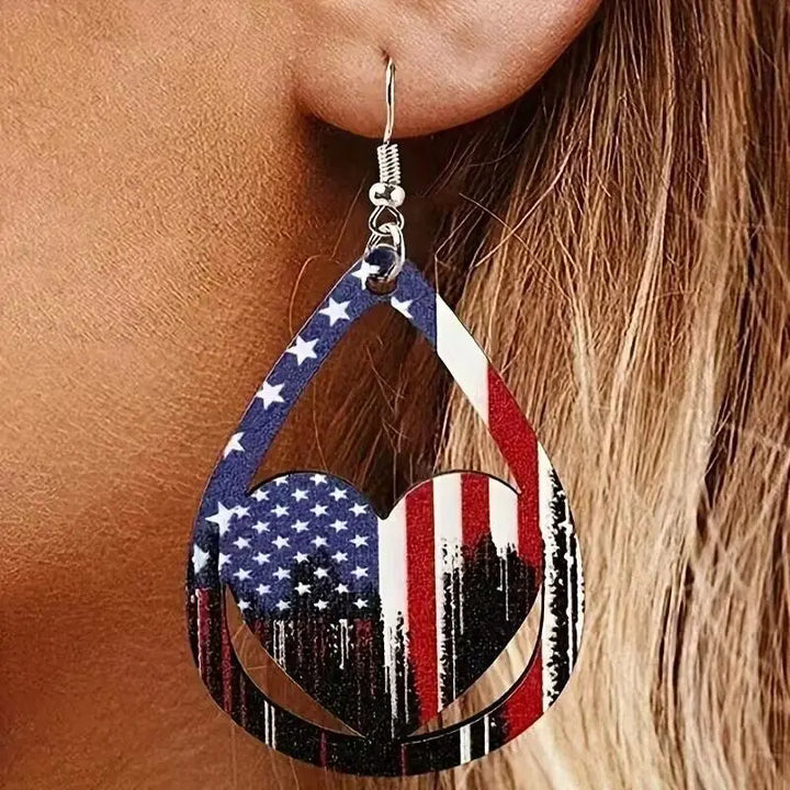 US Flag Distressed Wooden Earrings Earrings Trendsi Red White Blue  