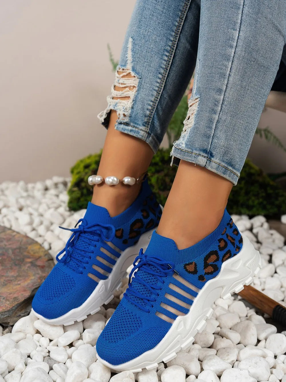 Cutout Leopard Lace Up Mesh Athletic Women's Shoes Trendsi