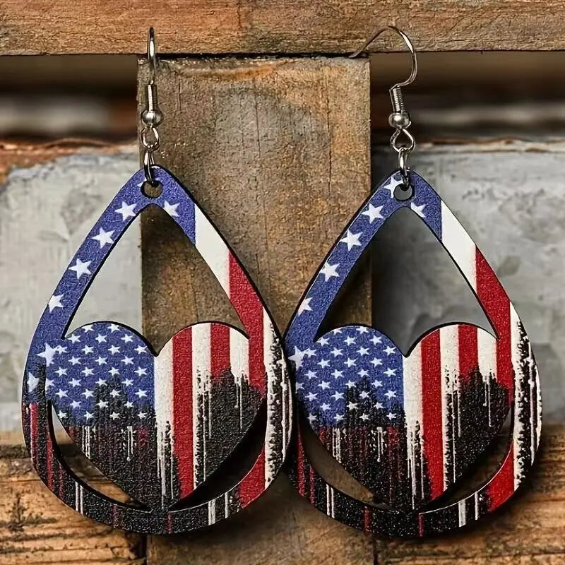 US Flag Distressed Wooden Earrings Earrings Trendsi   