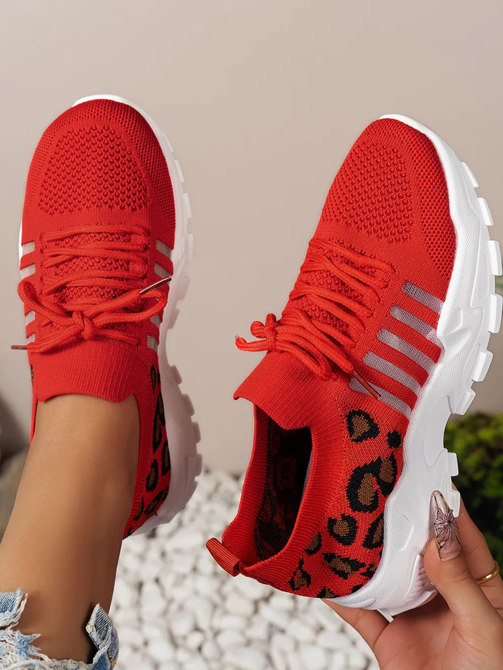 Cutout Leopard Lace Up Mesh Athletic Women's Shoes Trendsi