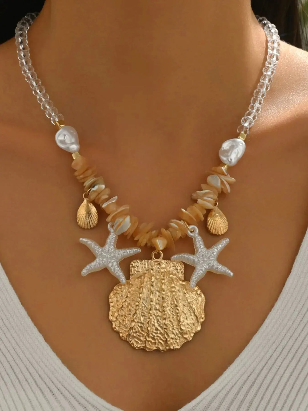18K Gold-Plated Beach Shell Starfish Pendant Necklace Trendsi Gold One Size