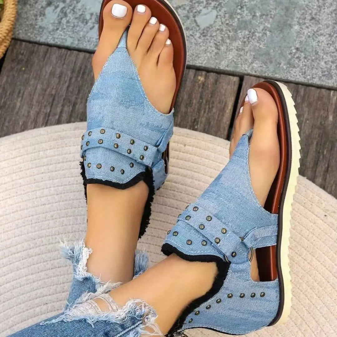 Studded Raw Hem Flat Sandals Shoes Trendsi 5 Light Blue 