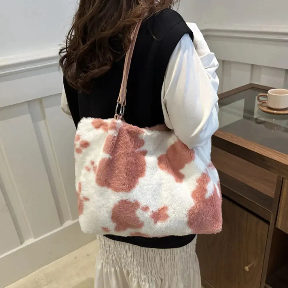 Cow Print Furry Tote Bag Accessories Trendsi