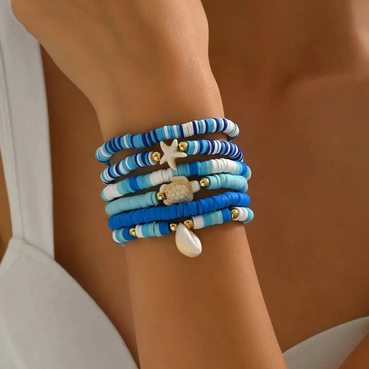 6-Piece Ceramic Beaded Shell Bracelet Bracelets Trendsi Blue One Size