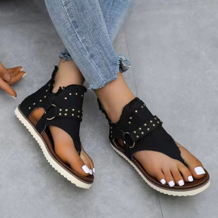 Studded Raw Hem Flat Sandals Shoes Trendsi   