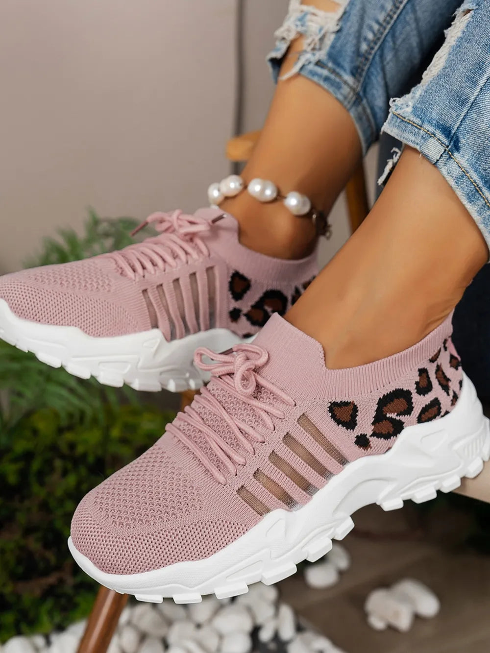 Cutout Leopard Lace Up Mesh Athletic Women's Shoes Trendsi