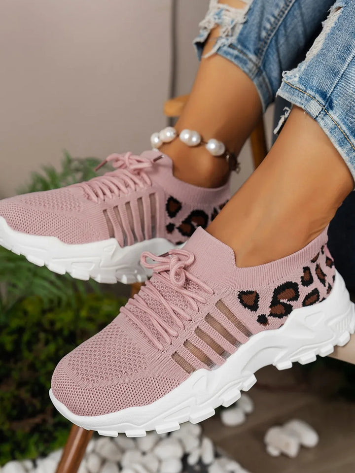 Cutout Leopard Lace Up Mesh Athletic Women's Shoes Trendsi