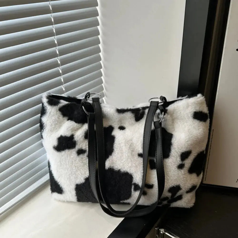 Cow Print Furry Tote Bag Accessories Trendsi One Size Black