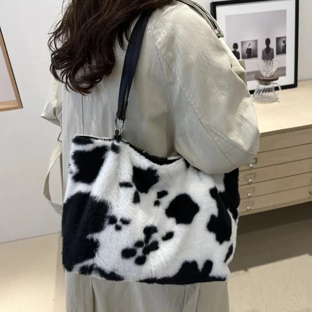 Cow Print Furry Tote Bag Accessories Trendsi