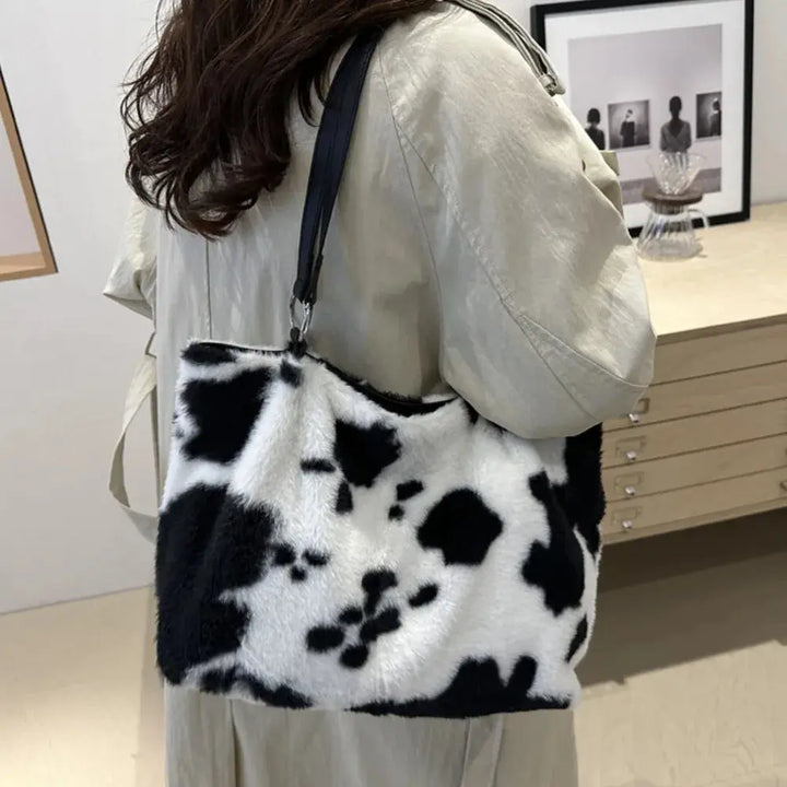 Cow Print Furry Tote Bag Accessories Trendsi