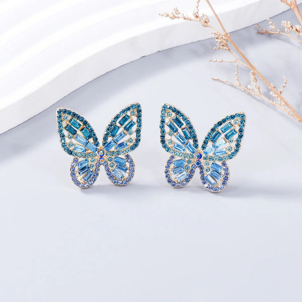 Alloy Inlaid Rhinestone Butterfly Earrings Earrings Trendsi Blue  