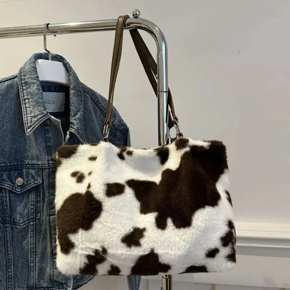 Cow Print Furry Tote Bag Accessories Trendsi