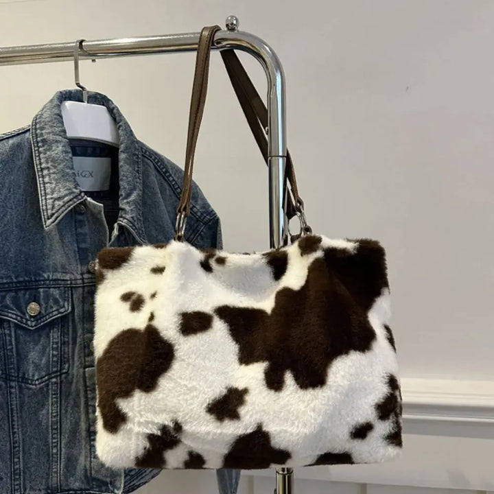 Cow Print Furry Tote Bag Accessories Trendsi