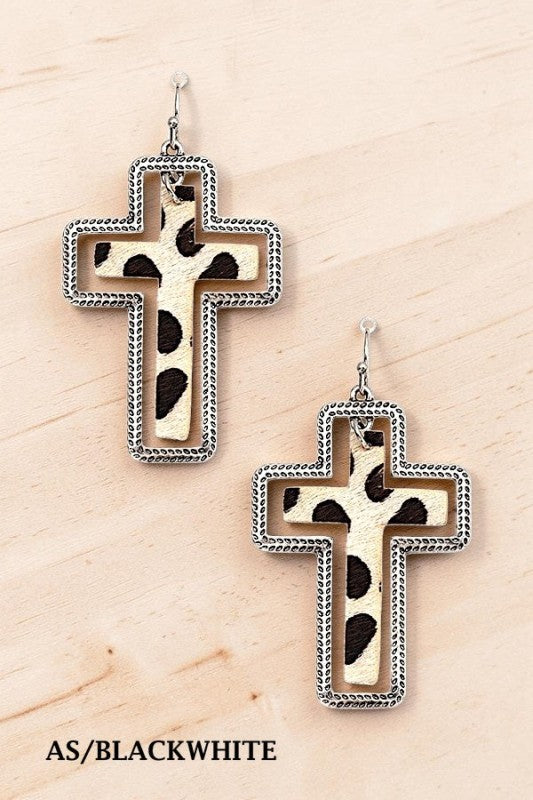 Animal Print Cross Framed Dangle Earrings Earrings Andrea Bijoux