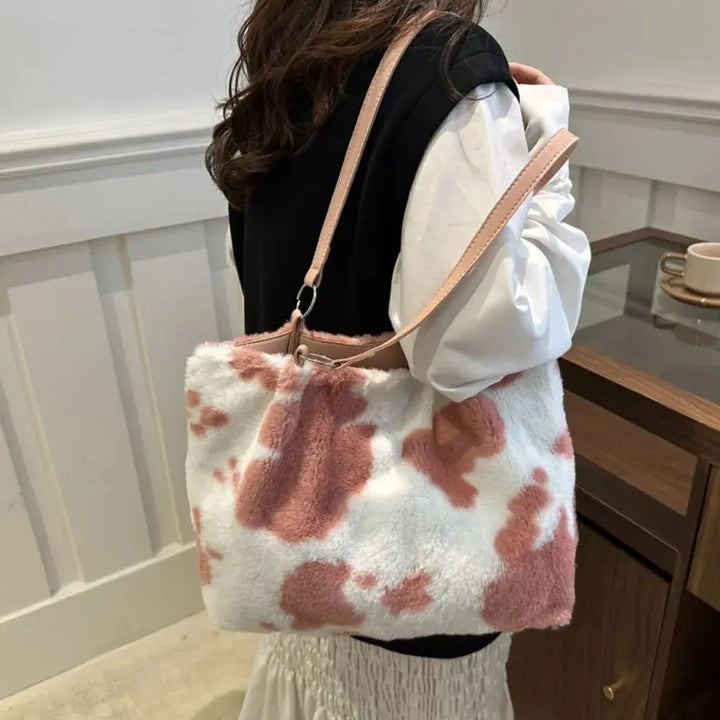 Cow Print Furry Tote Bag Accessories Trendsi