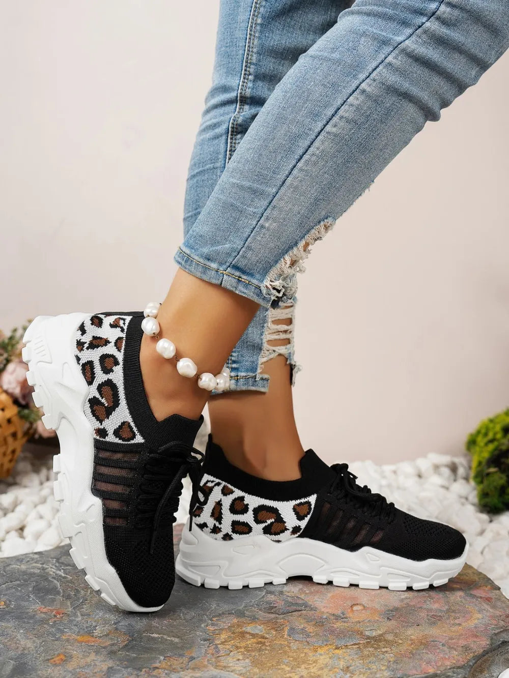 Cutout Leopard Lace Up Mesh Athletic Women's Shoes Trendsi